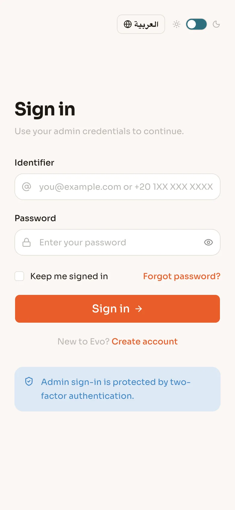 EvoSports admin sign-in screen on phone